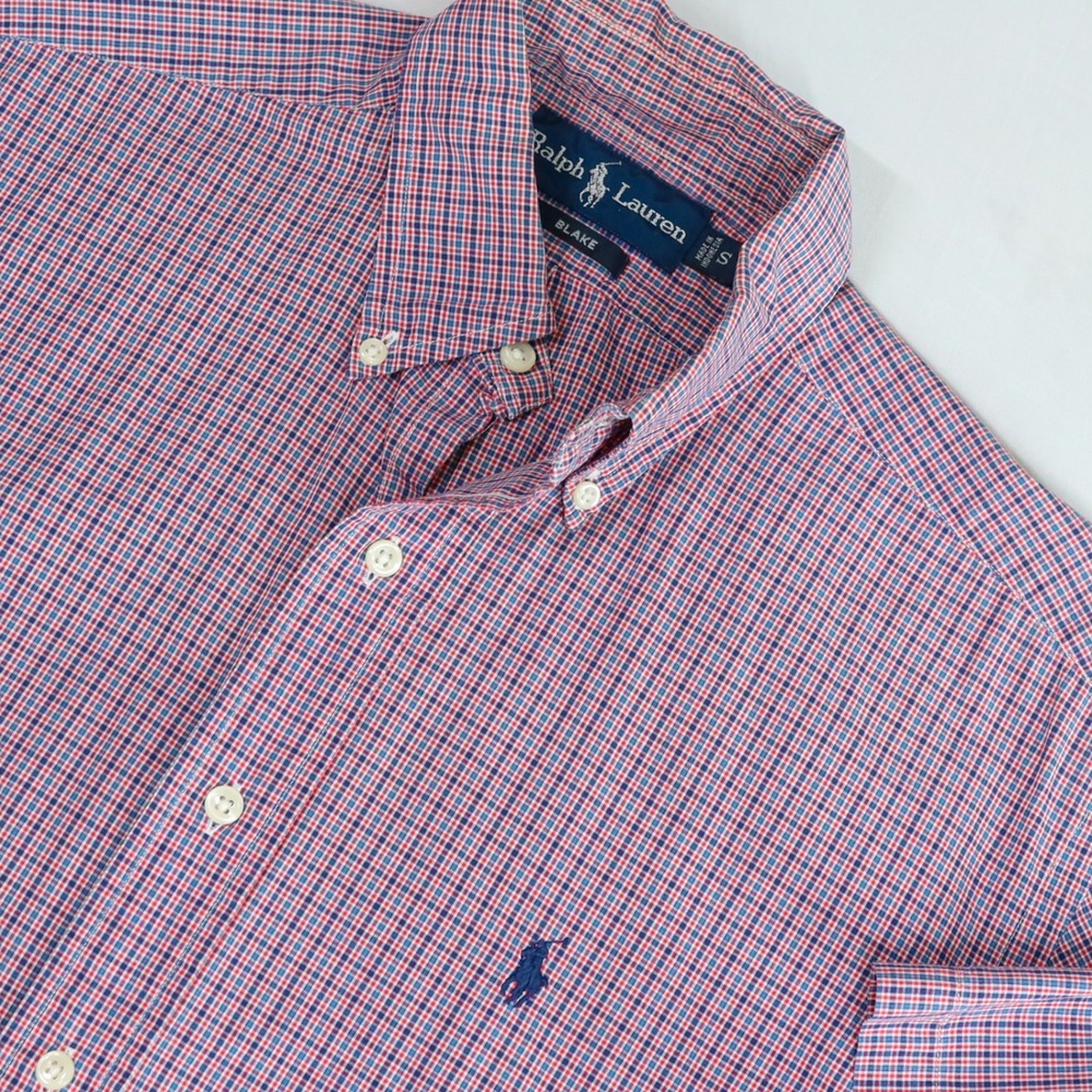 Vintage Ralph Lauren Blake Button Shirt Mens S Red Blue Micro Check Short Sleeve